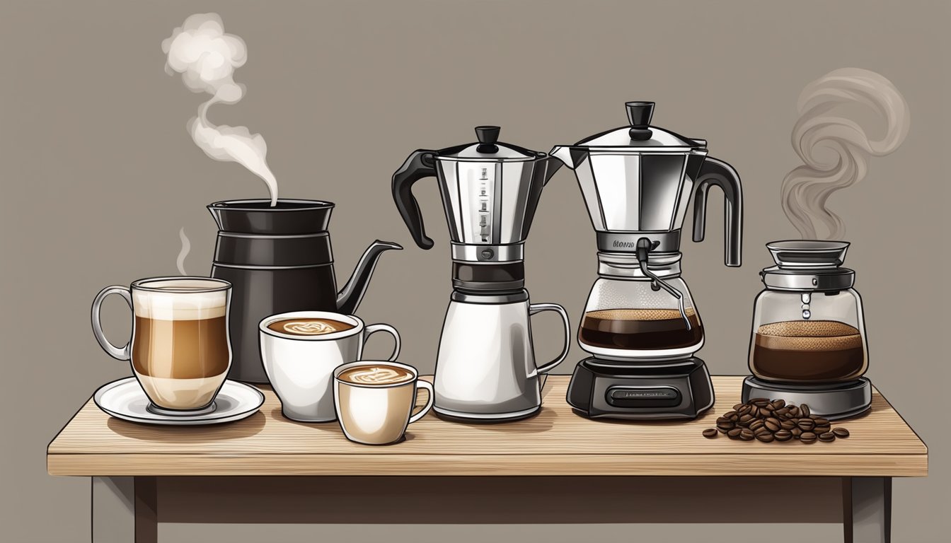 A table with various coffee brewing equipment and a bag of Maxwell House coffee, surrounded by steam and the aroma of freshly brewed coffee