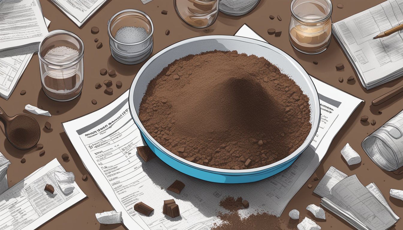 A pile of Hershey's cocoa powder spills from a measuring cup onto a table, surrounded by scattered research papers and scientific studies