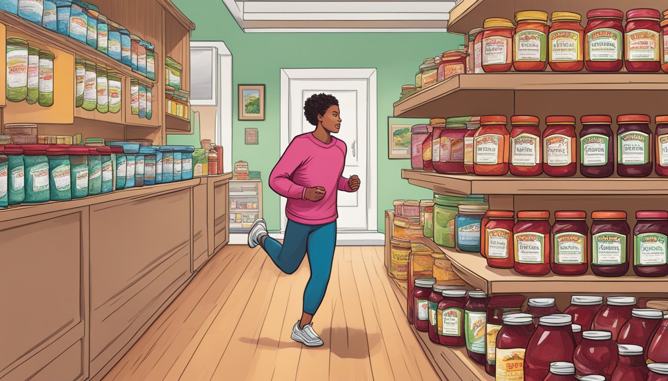 A person jogging past a table with multiple jars of Smucker's strawberry jam