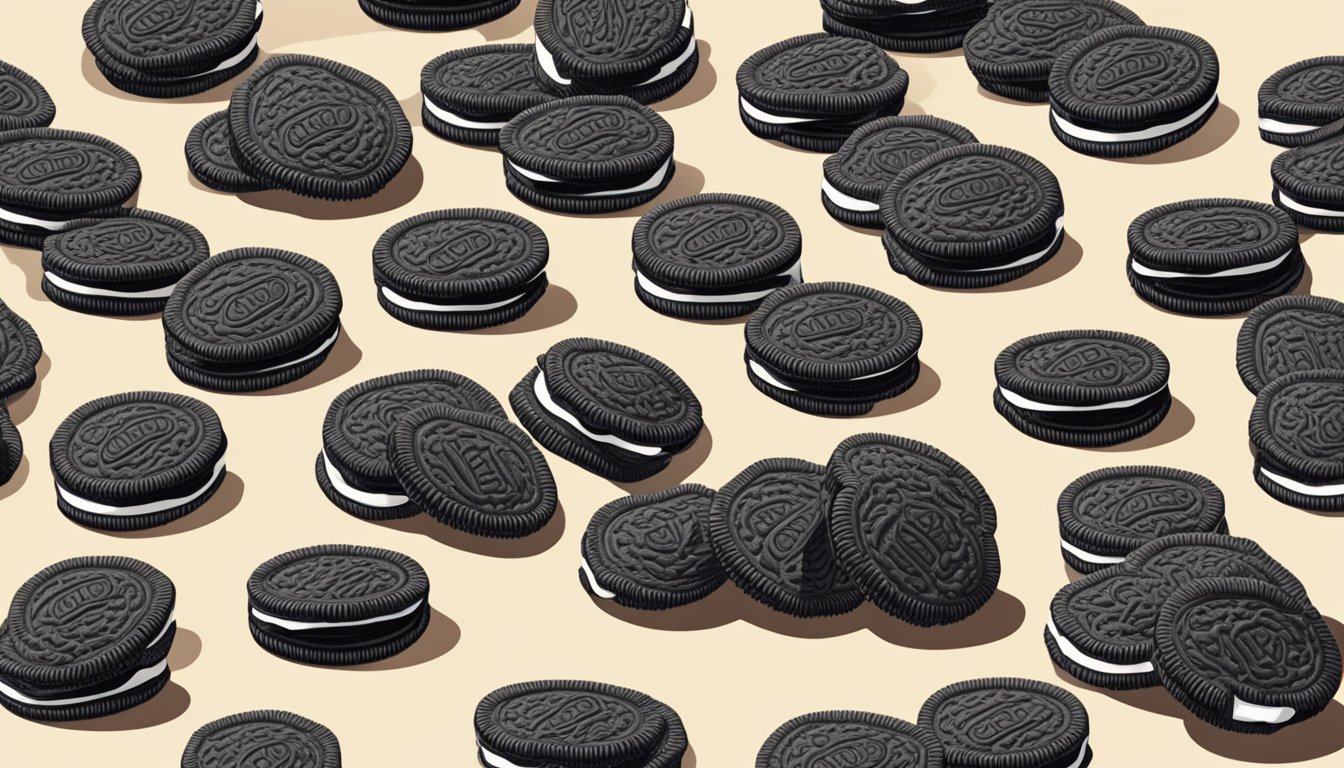 A pile of Oreo cookies spilling out of a package, with a hand reaching towards them but hesitating