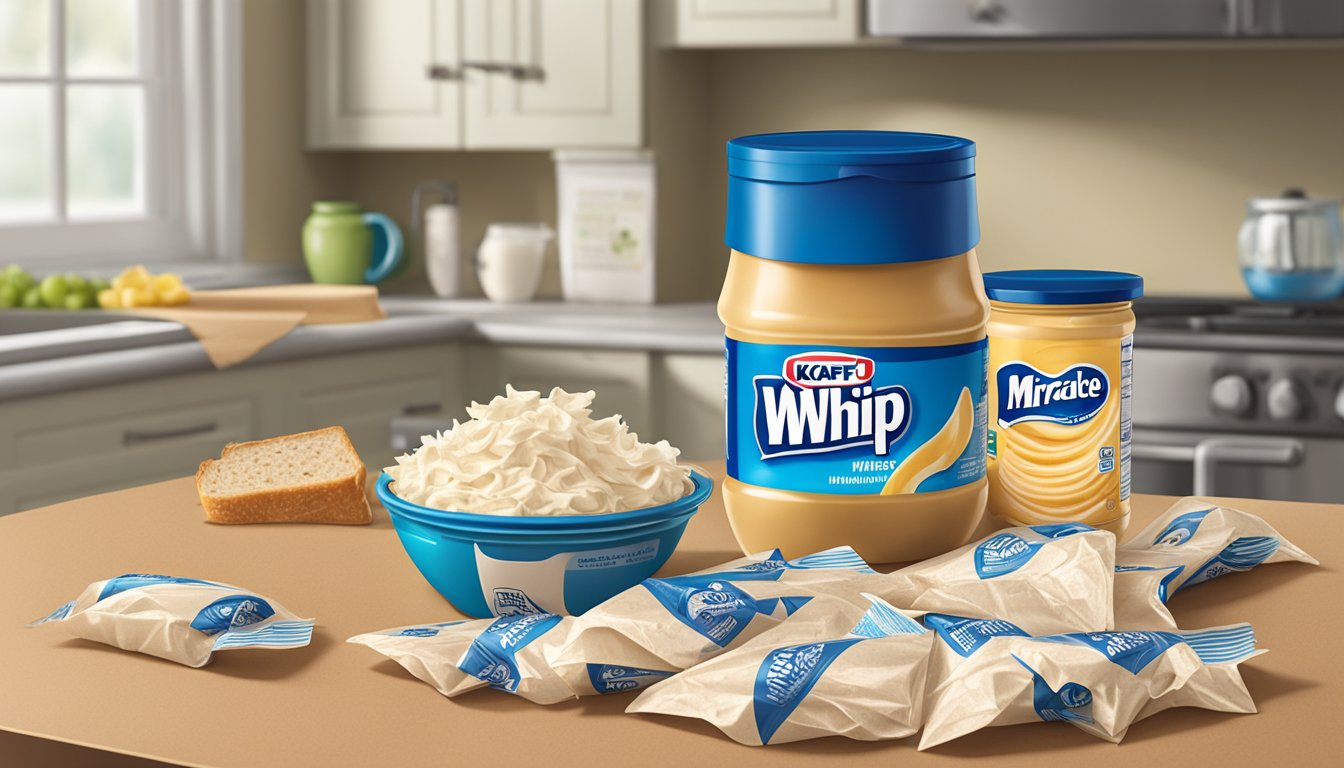 A jar of Kraft Miracle Whip sits on a kitchen counter, surrounded by empty sandwich wrappers