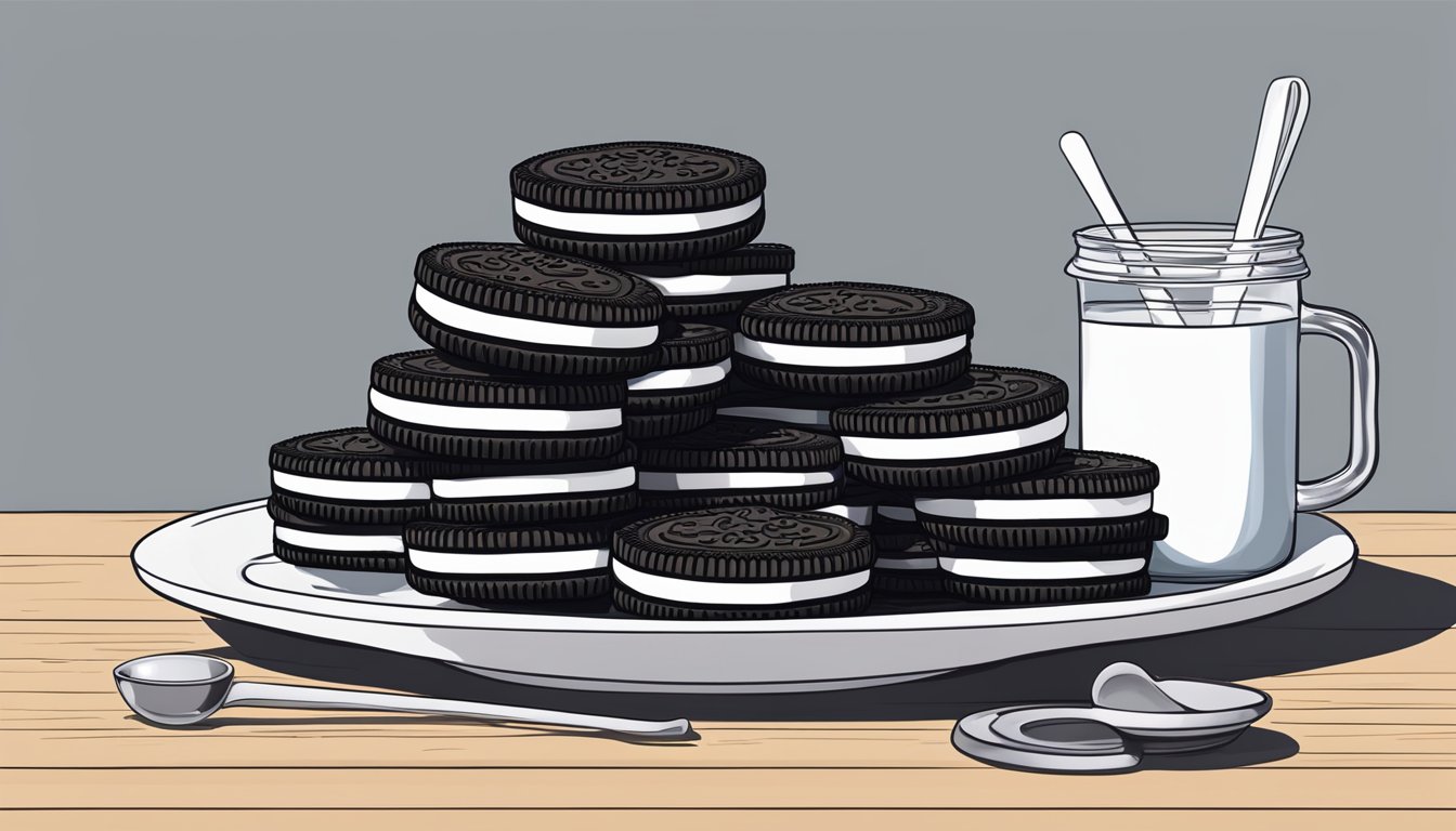 A pile of Oreo cookies stacked on a plate, with a measuring cup next to it showing an excessive number of servings