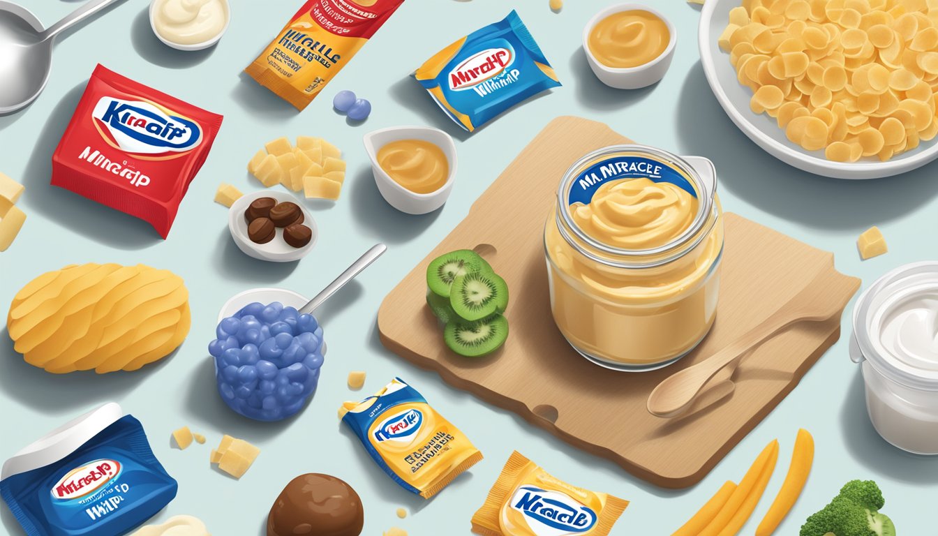 A jar of Kraft Miracle Whip surrounded by various foods and a measuring spoon