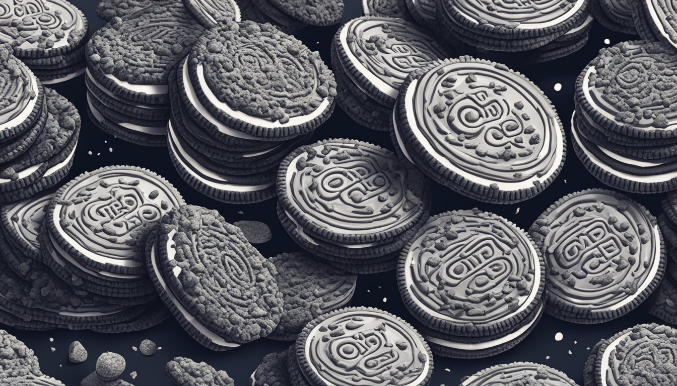 A towering stack of Oreo cookies, with crumbs scattered around, as a hand hesitates to reach for yet another serving