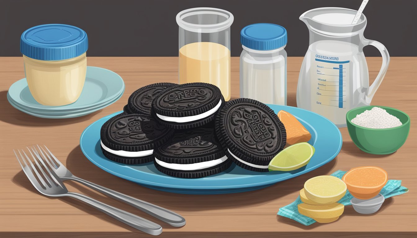 A plate of Oreos sits next to a balanced meal, surrounded by measuring cups and nutrition labels