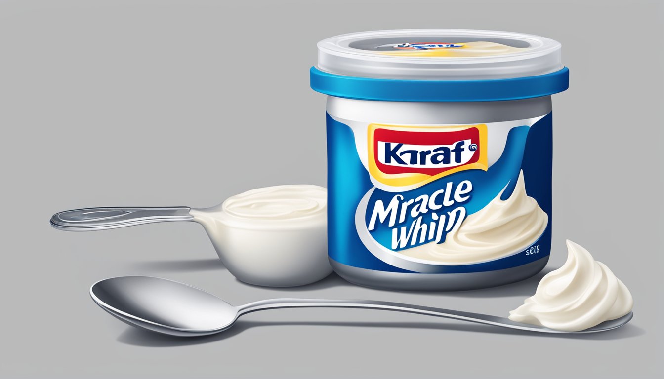 A jar of Kraft Miracle Whip with a measuring spoon next to it, indicating portion sizes