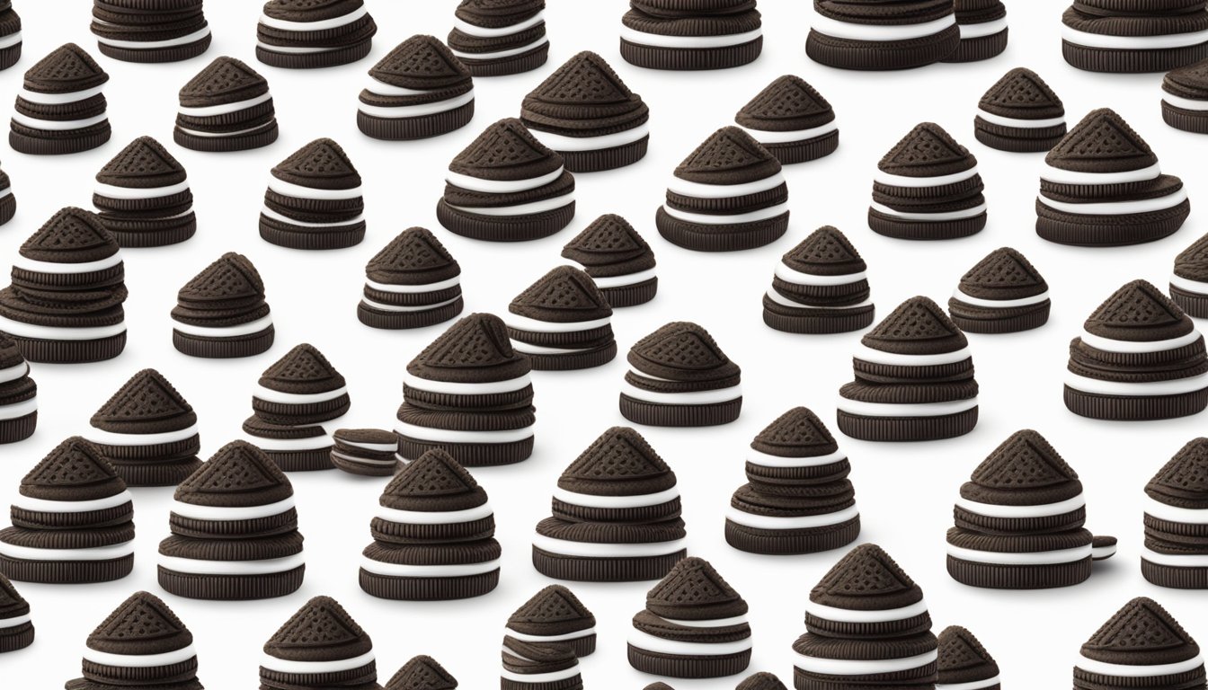 A pile of Oreo cookies arranged in a pyramid with a single cookie being lifted from the top