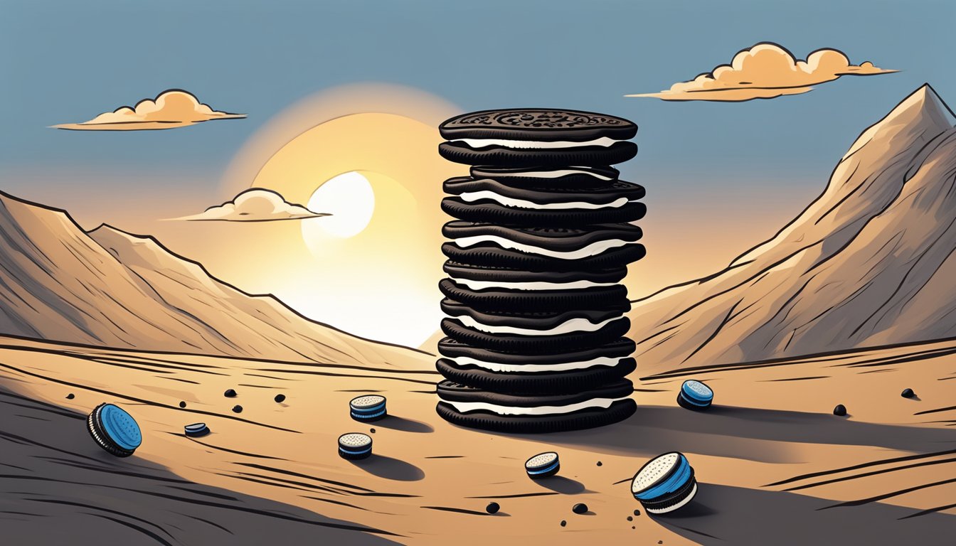 A towering stack of Oreo cookies, reaching towards the sky, with an ominous shadow cast by the setting sun