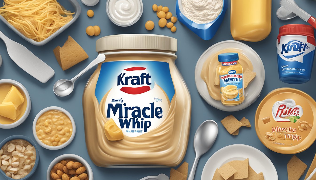 A jar of Kraft Miracle Whip surrounded by various food items and a measuring spoon, with a concerned expression on a person's face