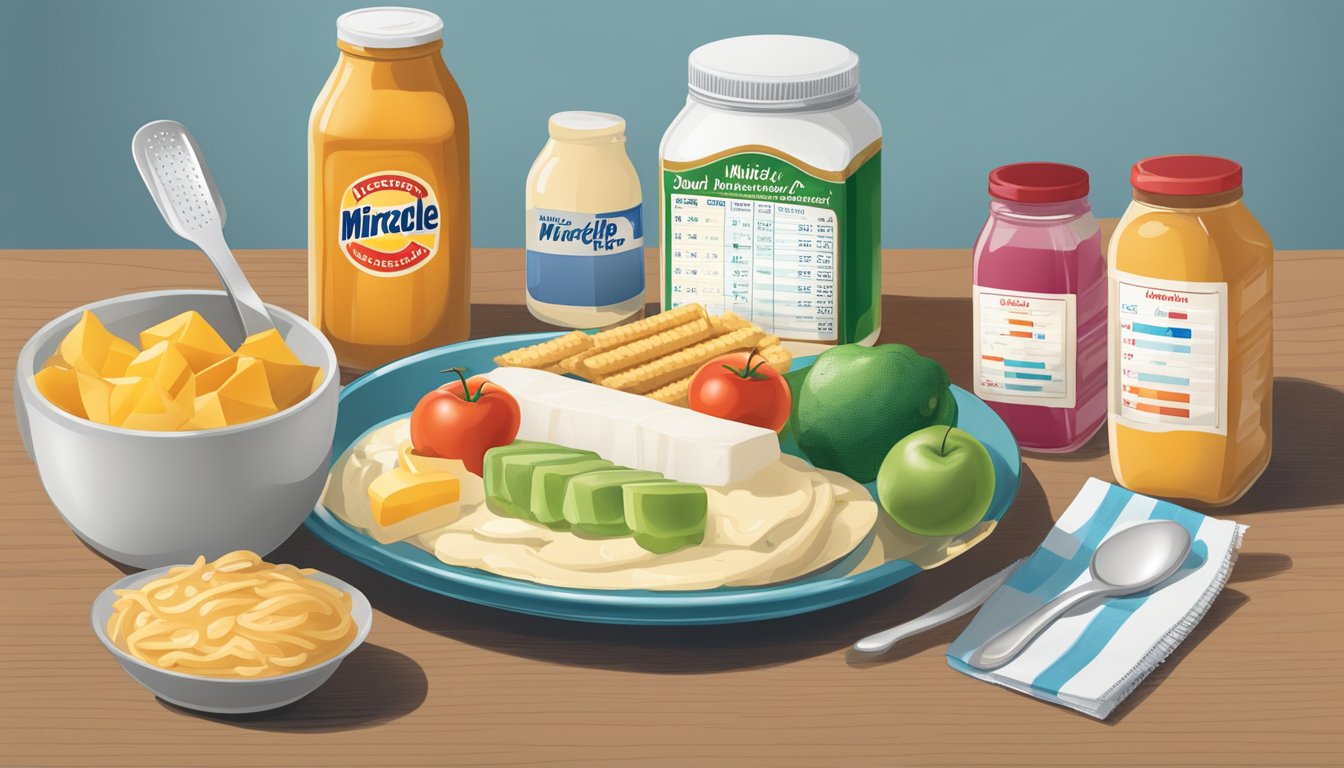 A table with various food items, including a jar of Kraft Miracle Whip, a measuring spoon, and a daily intake chart