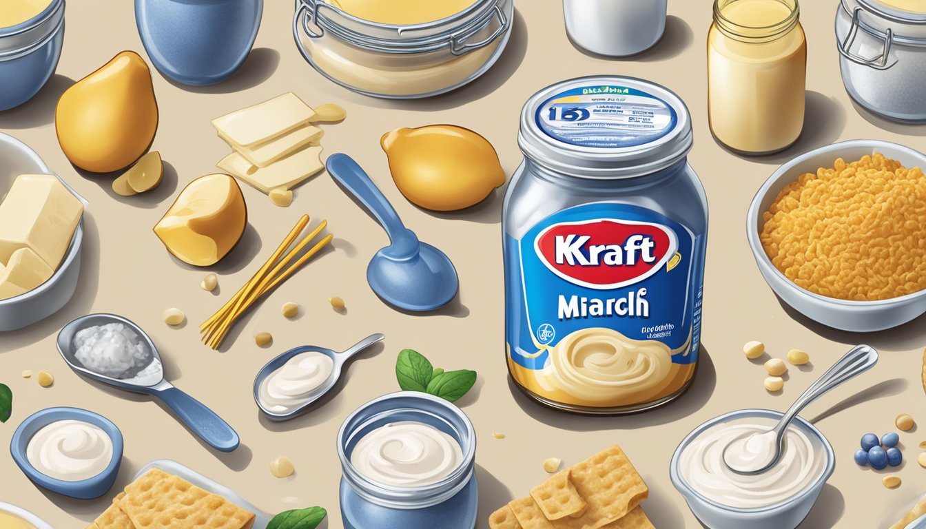 A jar of Kraft Miracle Whip surrounded by various recipe ingredients and utensils, with a measuring spoon scooping out a precise amount