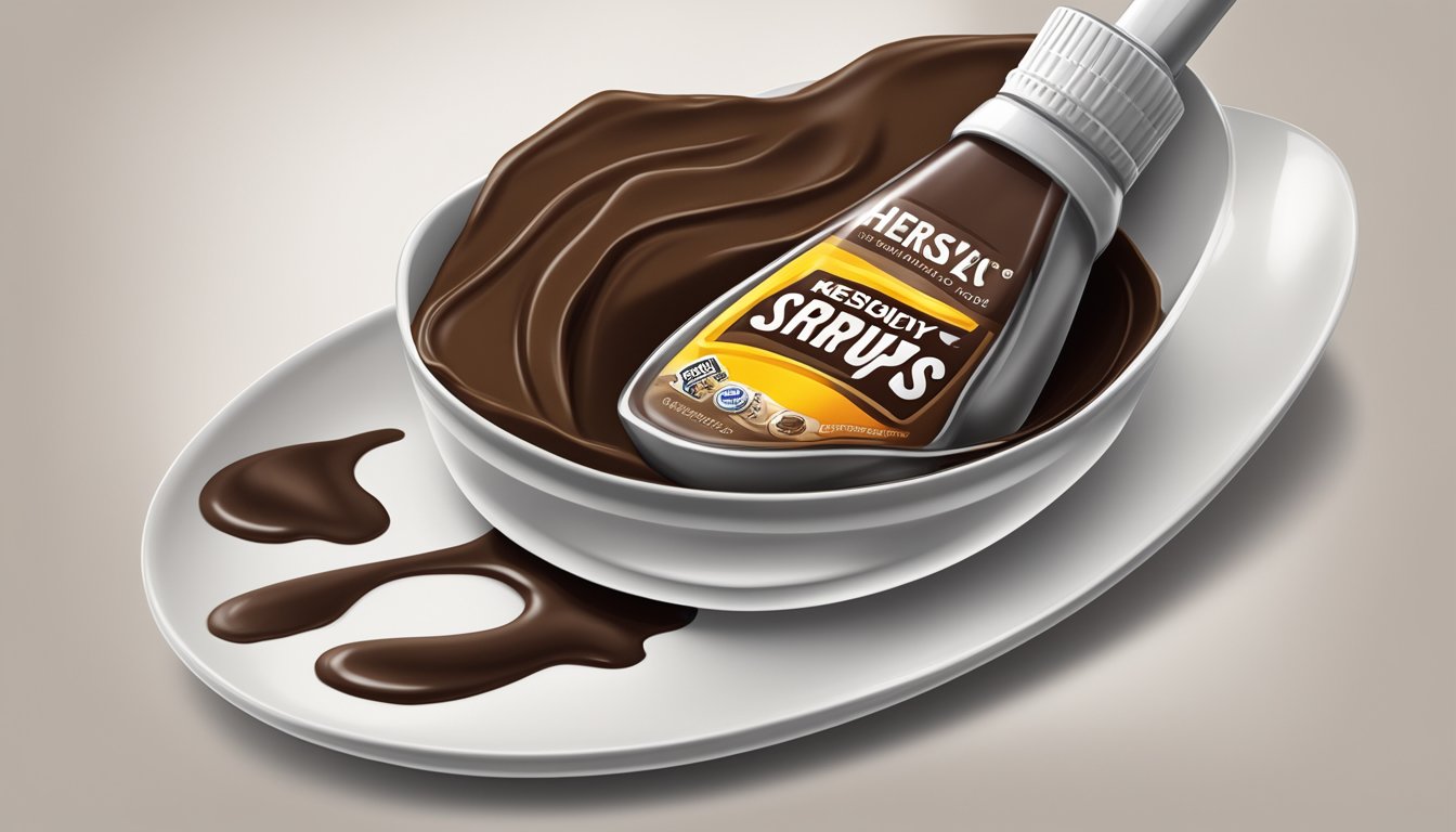 A bottle of Hershey's Chocolate Syrup overflowing onto a spoon, with a warning label in the background