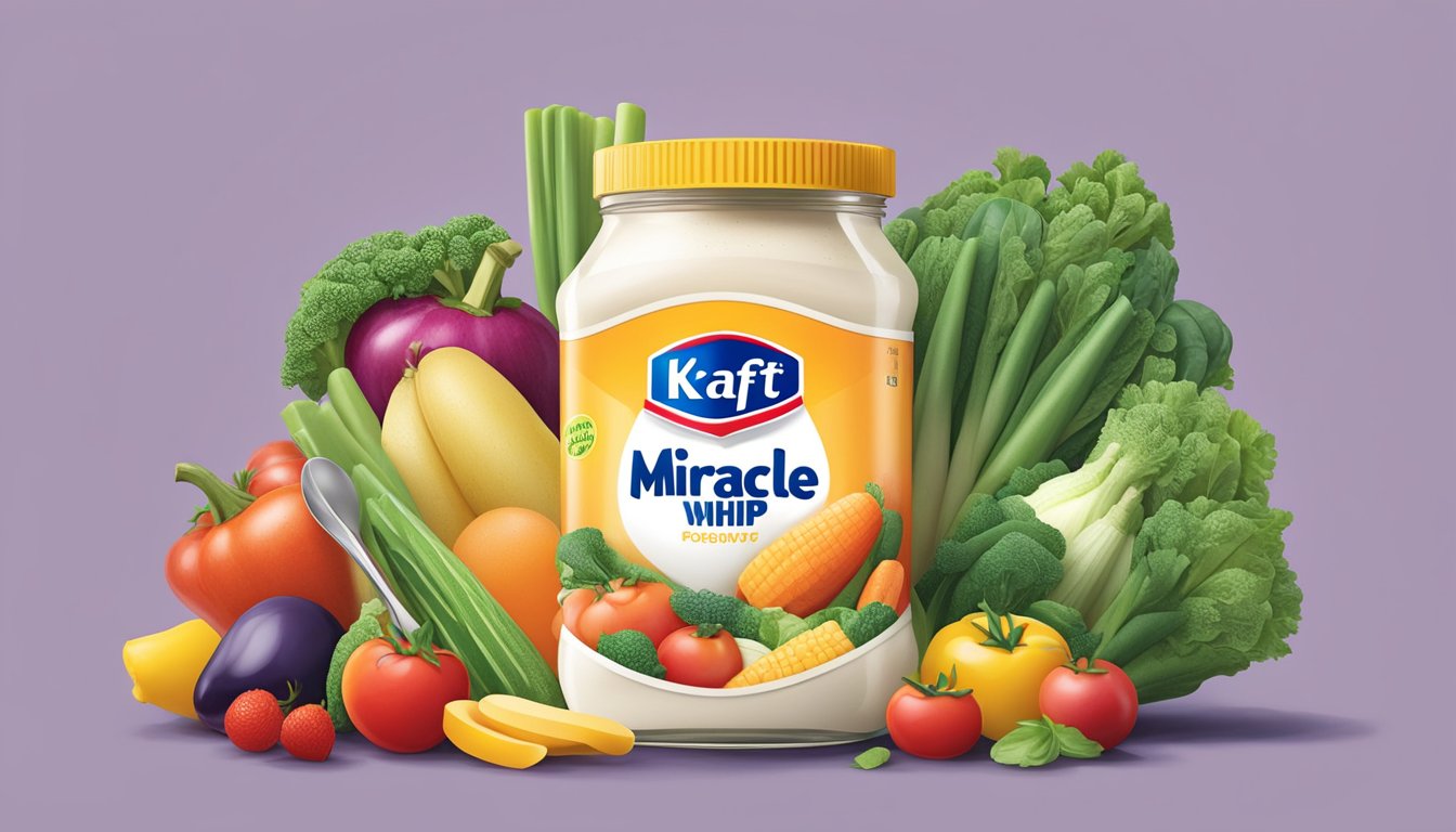 A jar of Kraft Miracle Whip surrounded by an array of colorful, fresh vegetables and fruits, with a measuring spoon next to it