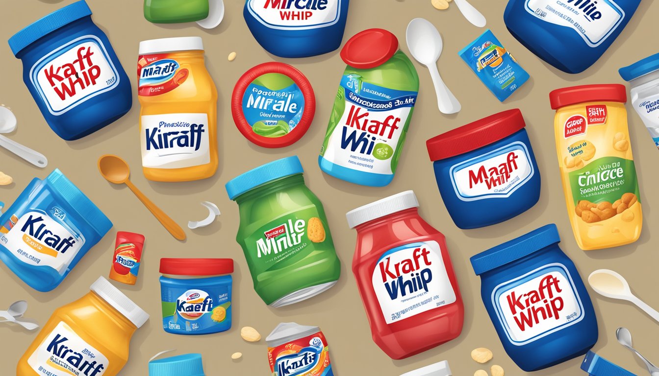 A jar of Kraft Miracle Whip with a daily intake limit label, surrounded by various food items and a measuring spoon