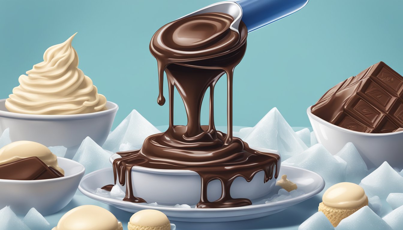 A bottle of Hershey's chocolate syrup pouring excessively over a mound of ice cream