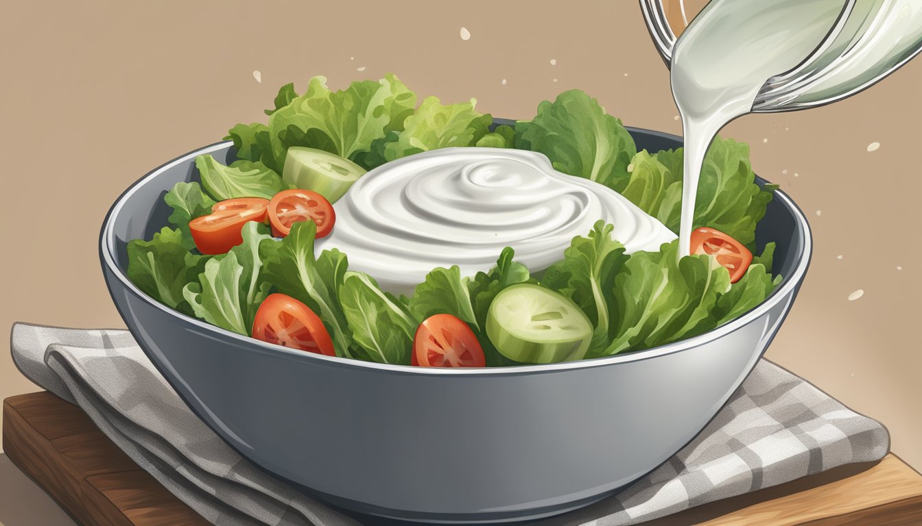 A bottle of ranch dressing pouring excessively onto a salad