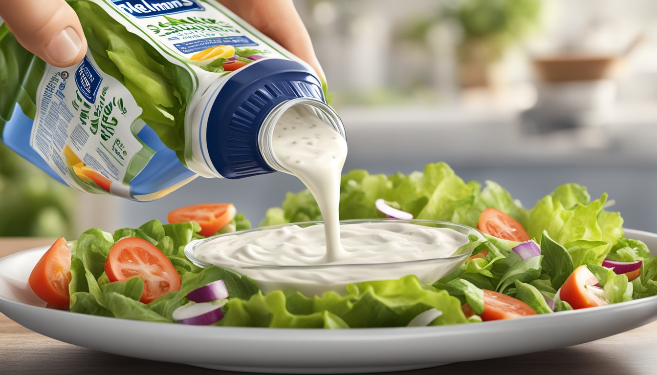 A bottle of Hellmann's Ranch Dressing pouring excessively over a salad