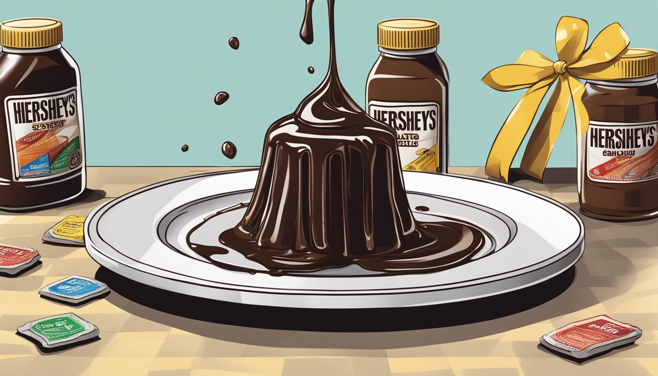 A bottle of Hershey's chocolate syrup overflowing onto a plate, surrounded by caution signs