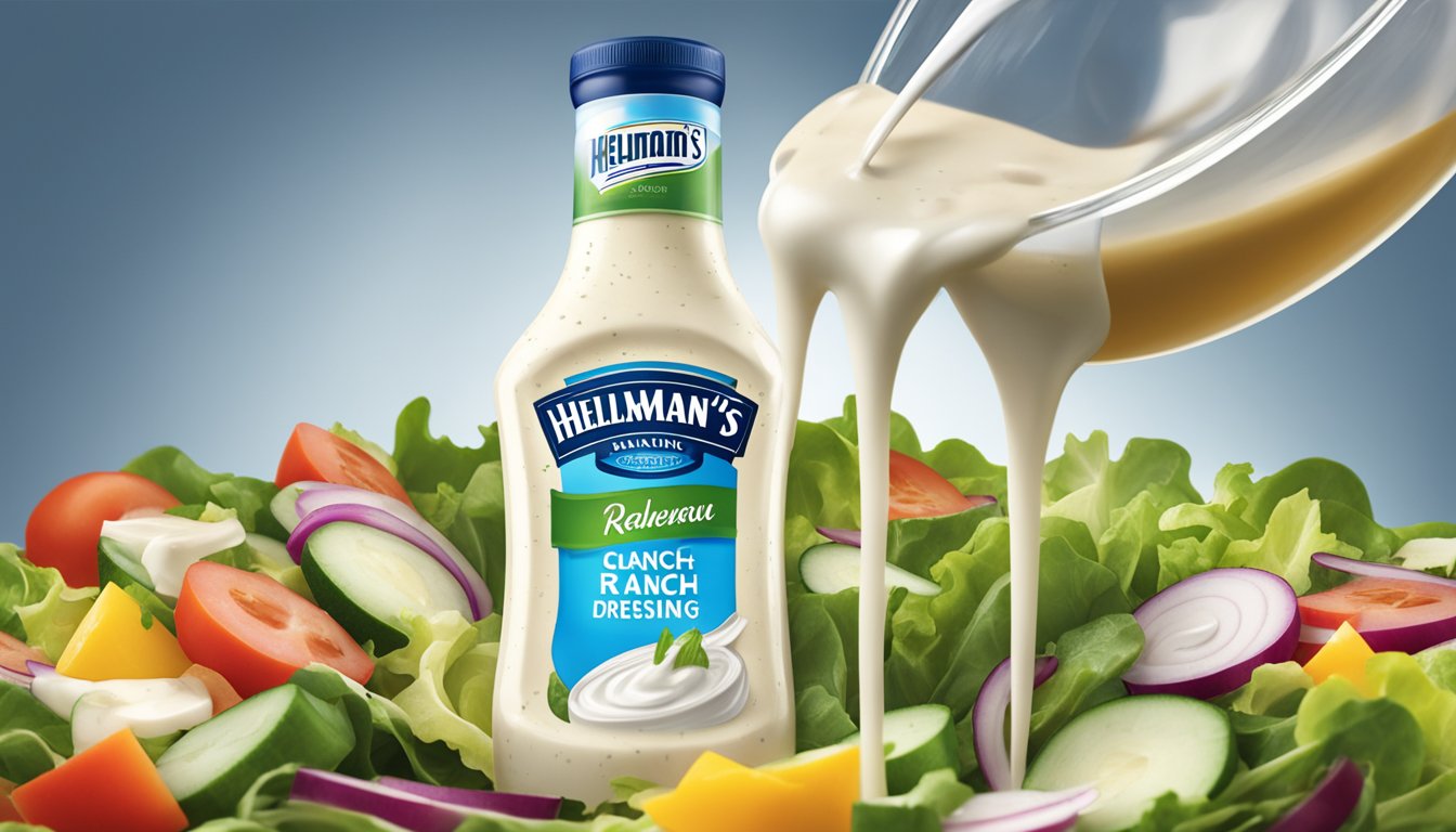 A bottle of Hellmann's ranch dressing pouring excessively over a salad