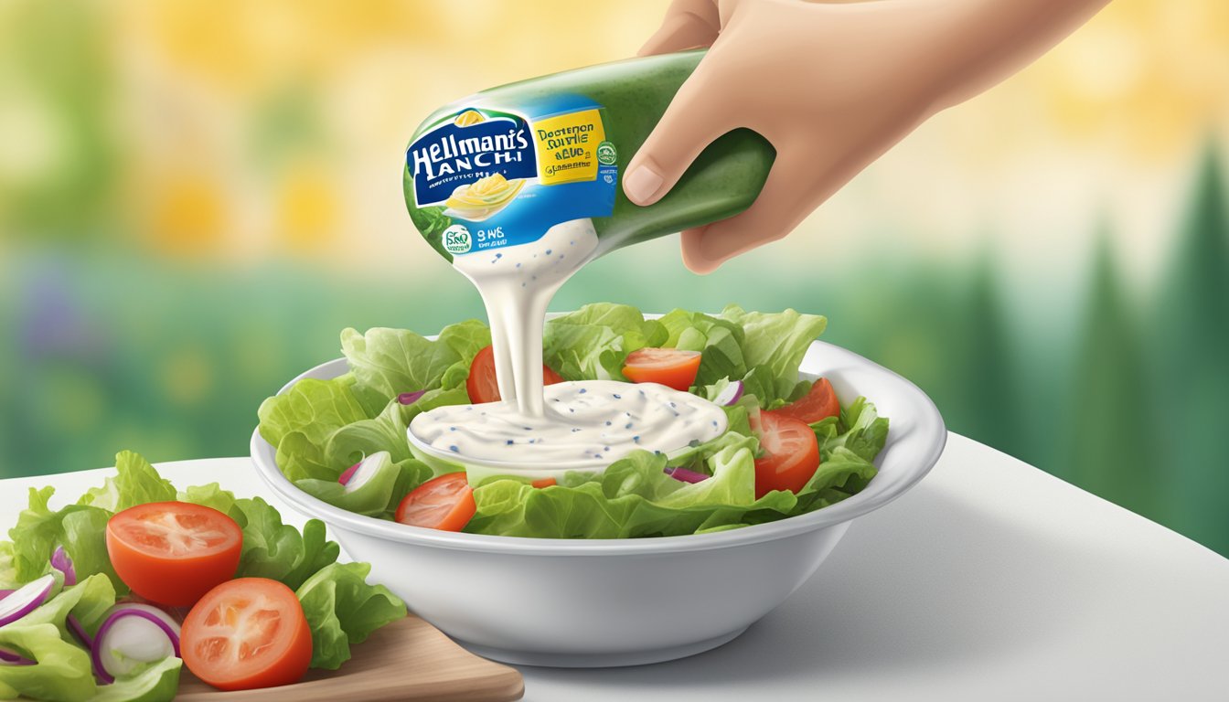 A bottle of Hellmann's ranch dressing pouring excessively over a salad