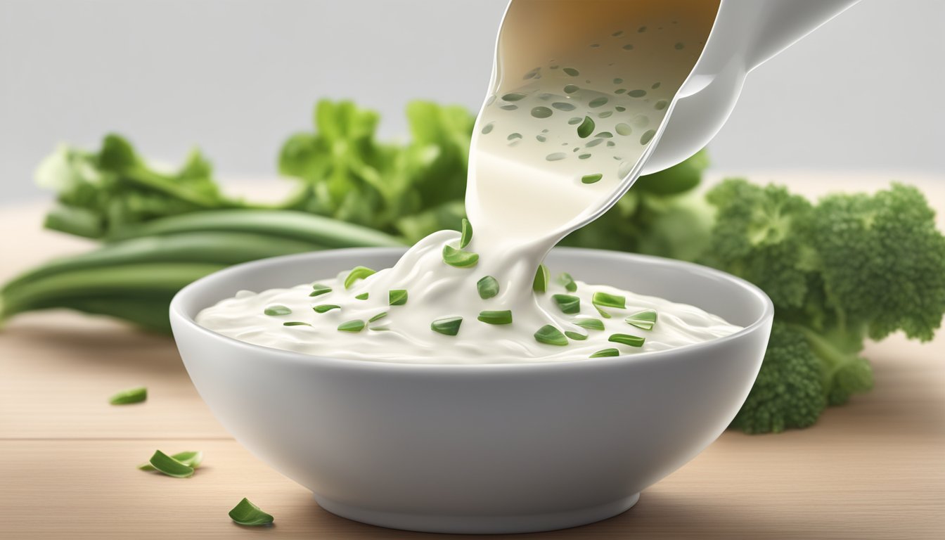 A bottle of ranch dressing pouring over a measuring cup, overflowing