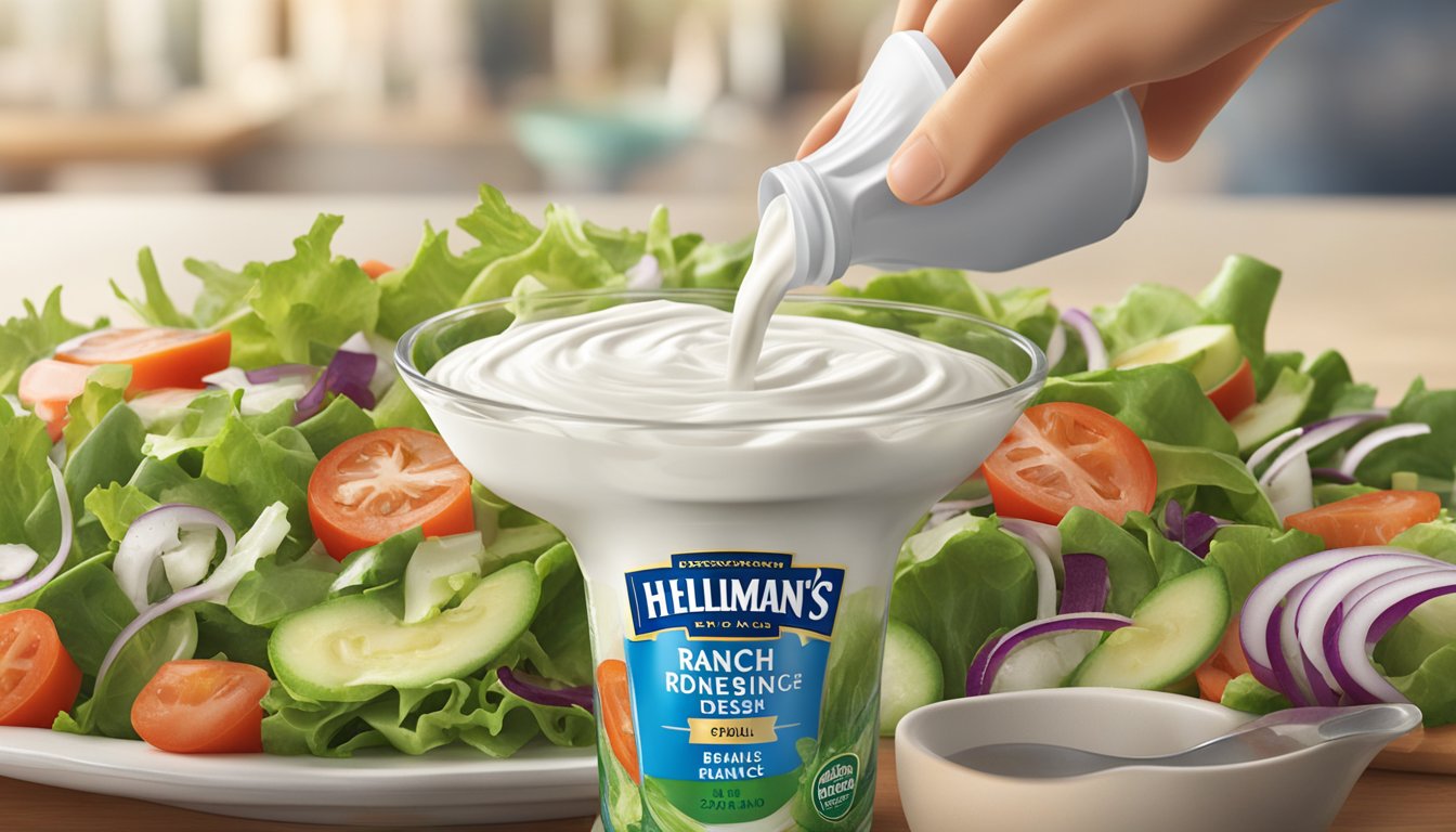 A bottle of Hellmann's ranch dressing pouring excessively over a salad