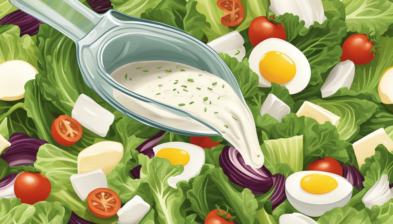 A bottle of ranch dressing pouring excessively over a salad