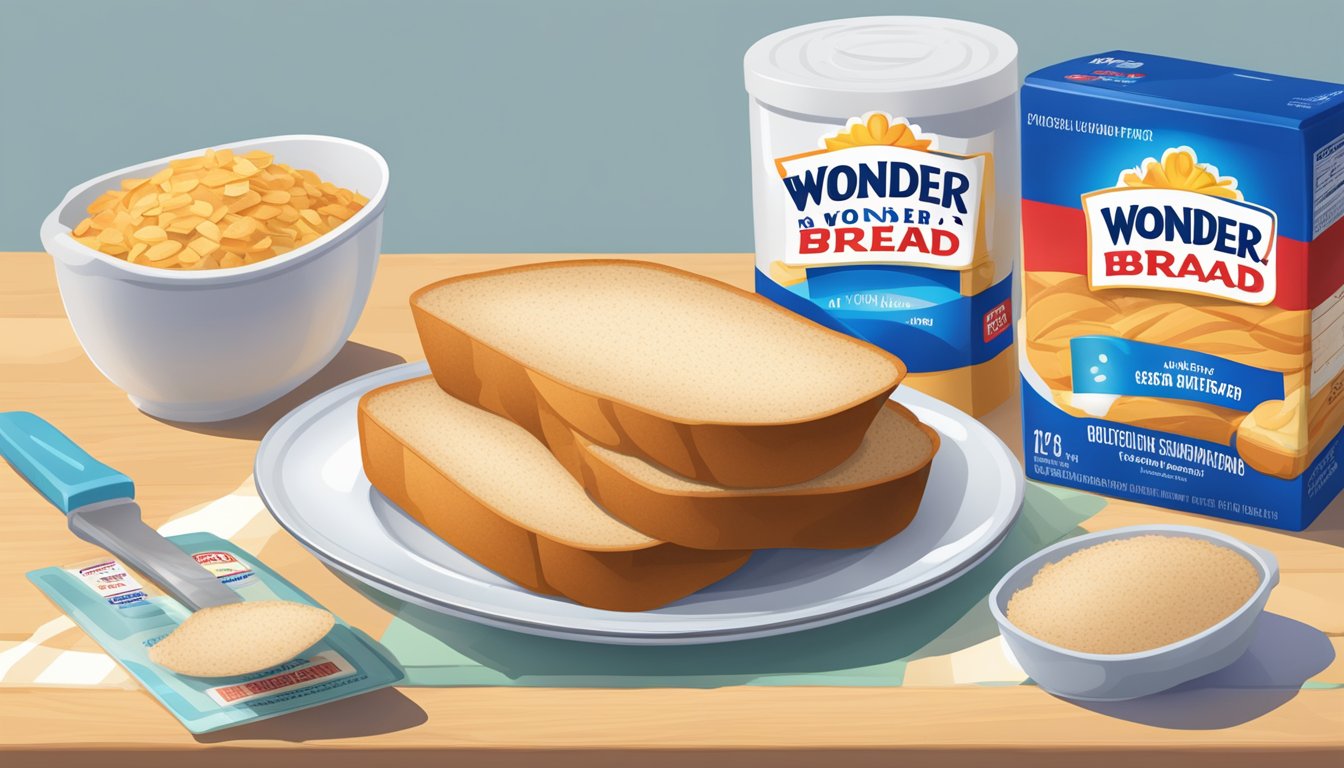 A loaf of wonder bread with multiple slices stacked on a plate, accompanied by a measuring cup and a nutrition label