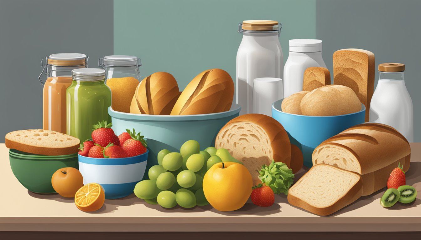 A kitchen counter with various types of bread, including Wonder Bread, alongside a variety of colorful fruits and vegetables