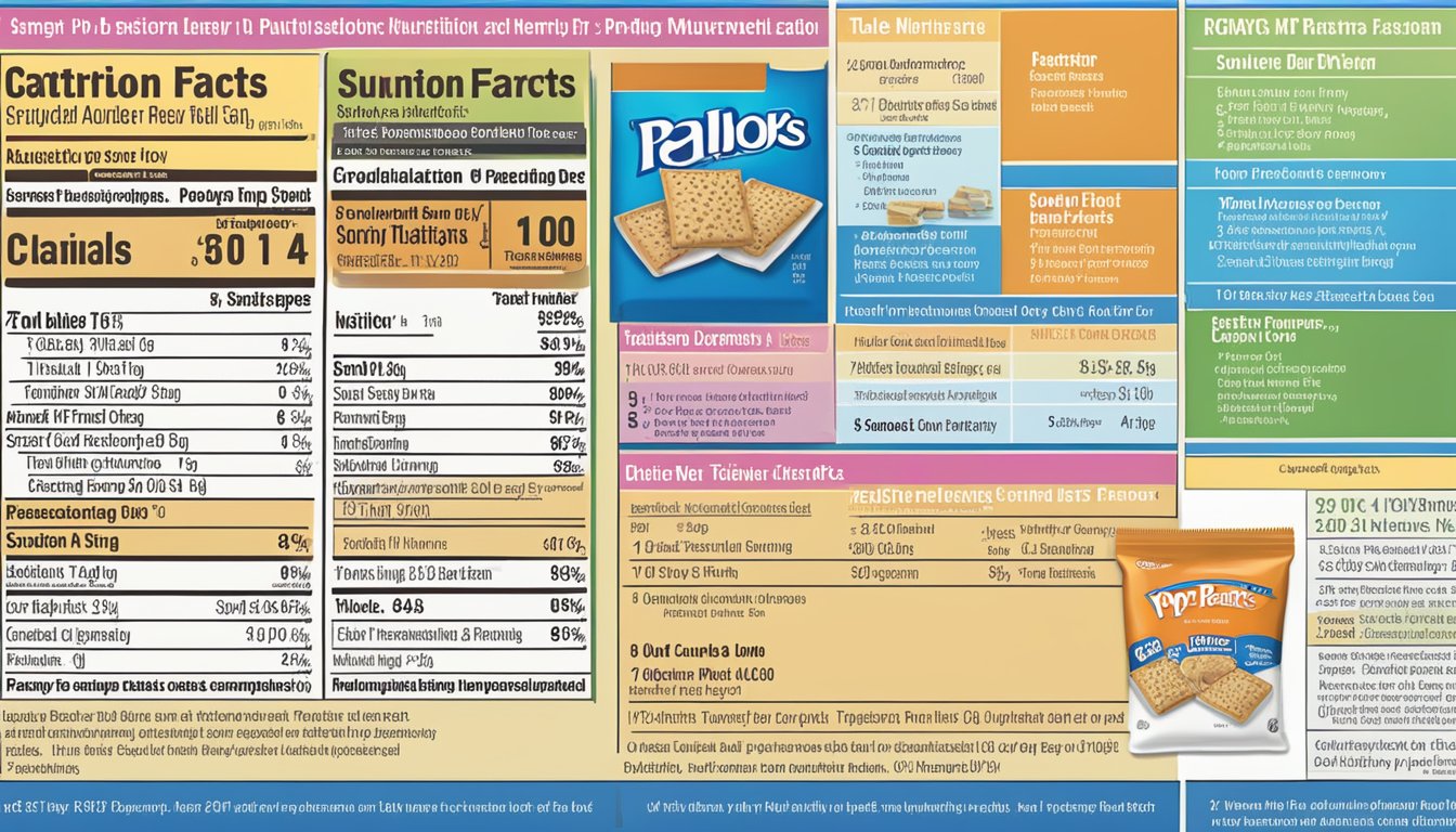 A table with multiple pop tarts packages, a nutrition label, and a dietary recommendation chart