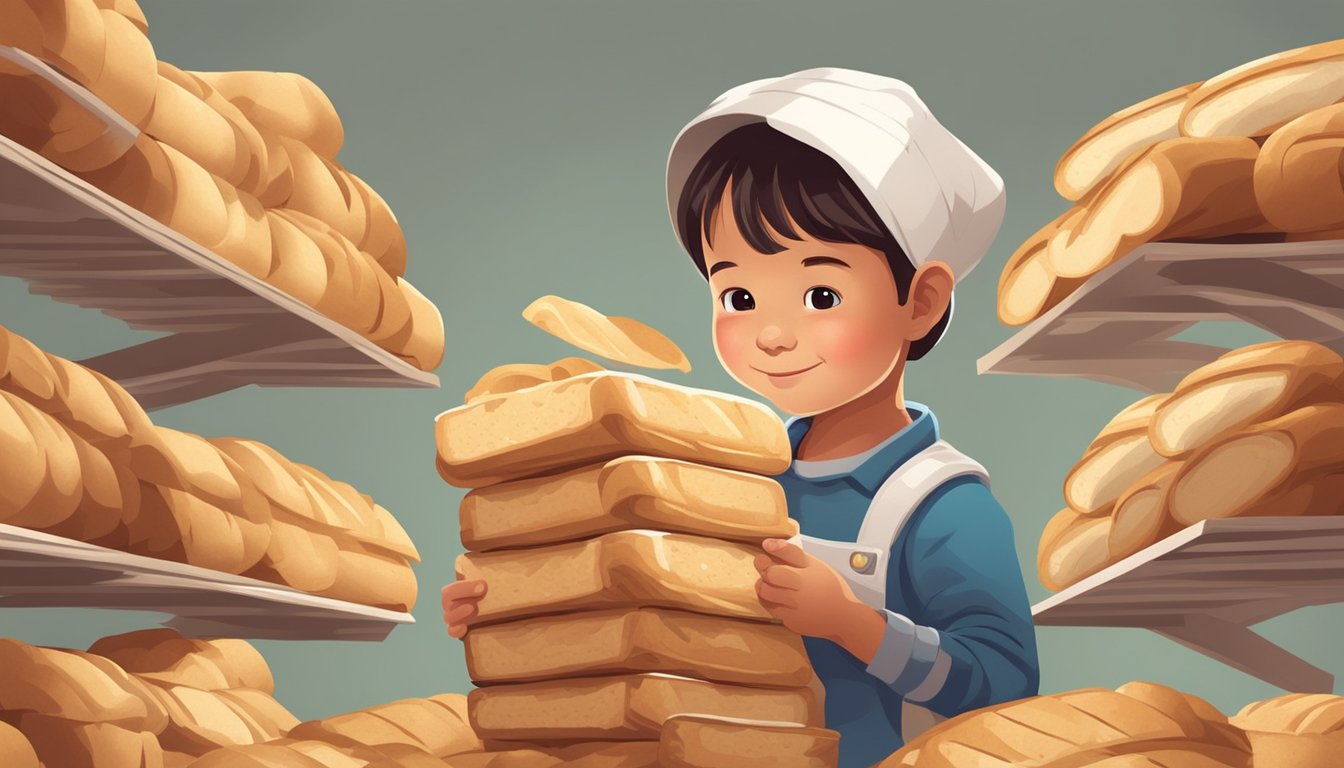 A child surrounded by empty bread wrappers, holding a large stack of sliced bread