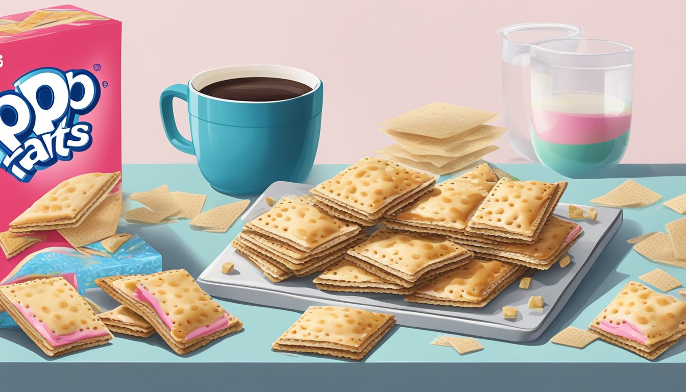 A table with multiple pop tarts piled up, a measuring cup next to it