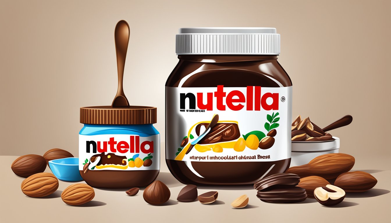 A jar of Nutella with a spoon dipped into it, surrounded by various nuts and chocolate spread on a kitchen counter