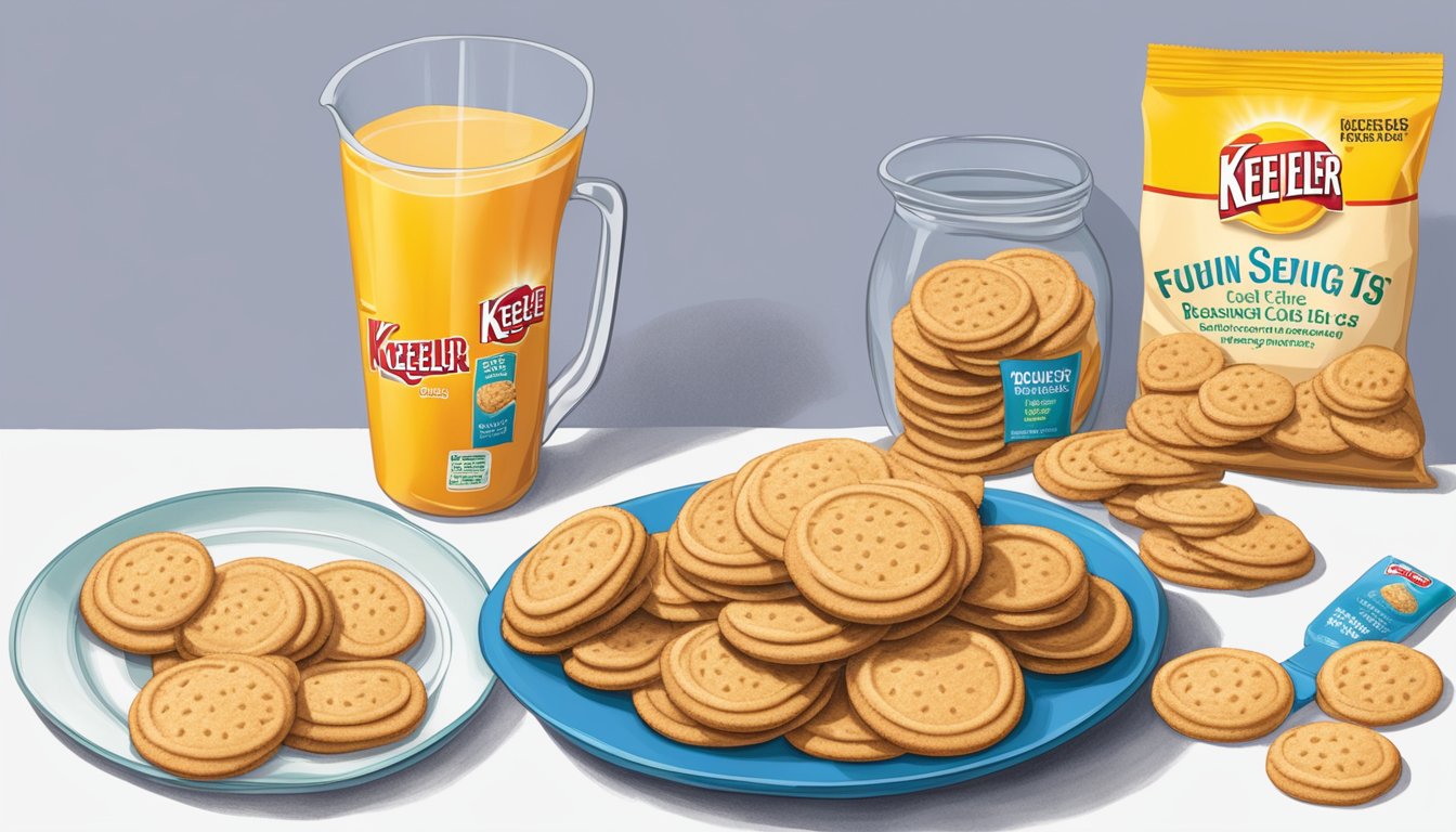 A plate piled high with Keebler cookies, with a measuring cup nearby showing the recommended serving size