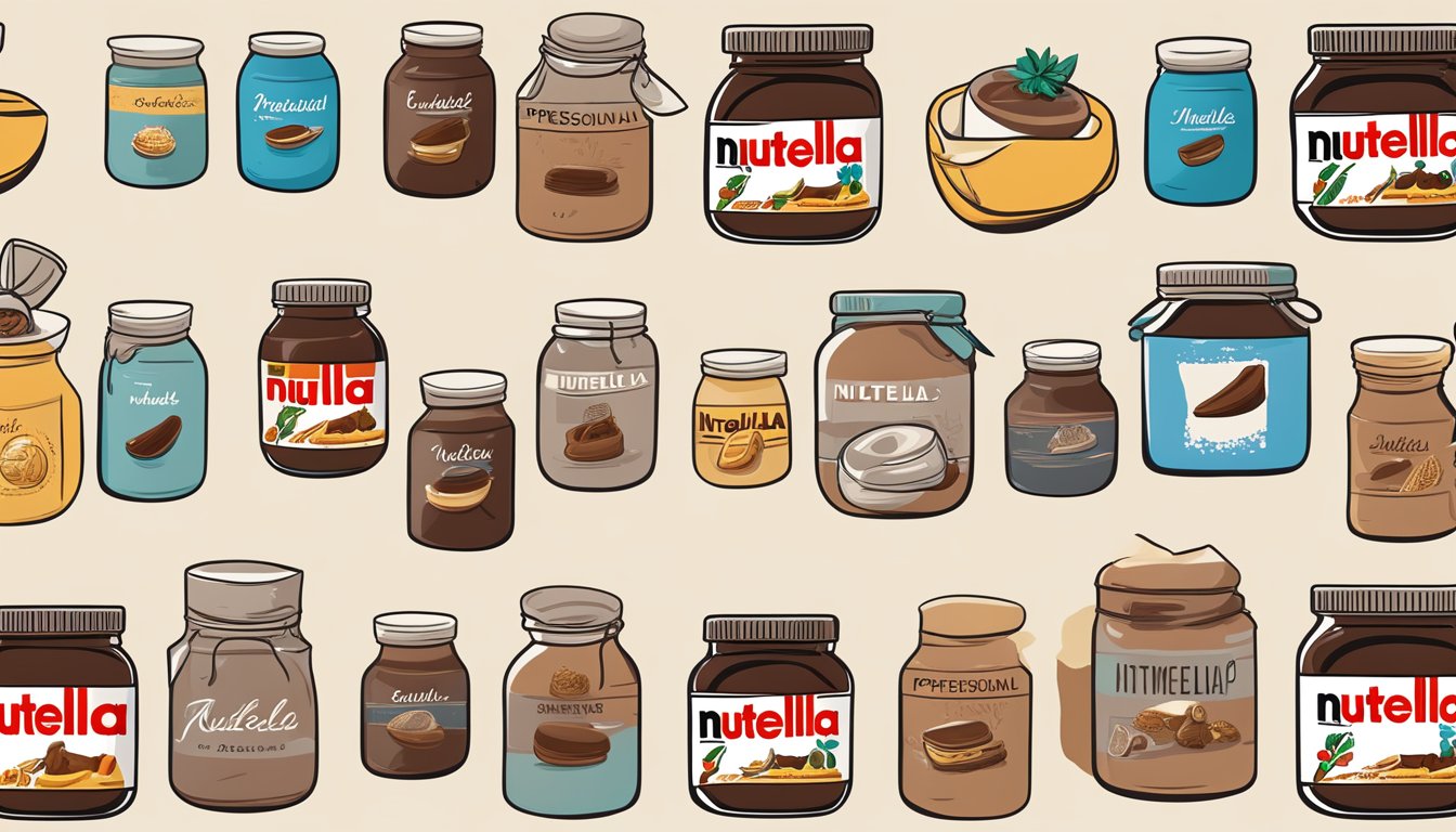 A spread of Nutella jars arranged next to a timeline of historical events, surrounded by cultural symbols and artifacts