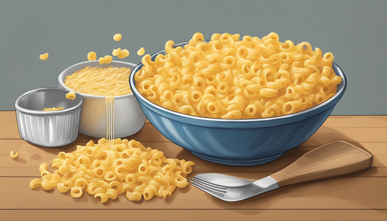 A large bowl of Kraft mac and cheese overflowing with creamy pasta, with a measuring cup next to it showing excessive portion size