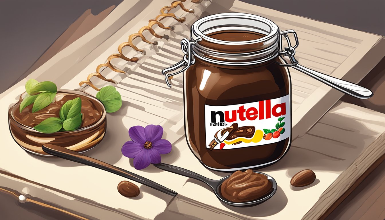 A jar of Nutella with a spoon next to it, surrounded by various ingredients and recipe books