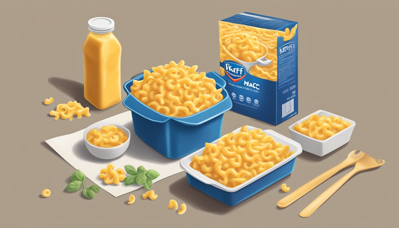 A box of Kraft Mac and Cheese with a measuring cup next to it, showing a serving size of the pasta