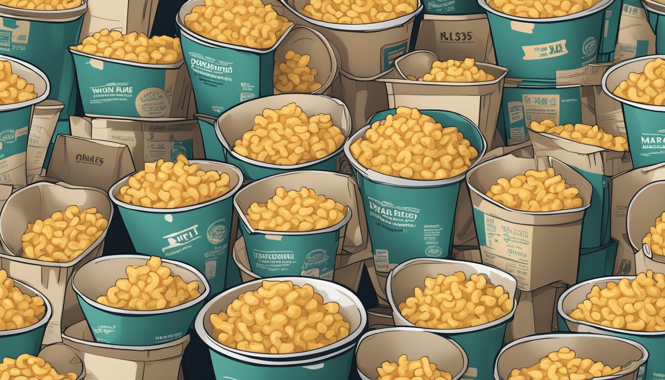 A towering pile of empty Kraft mac and cheese boxes, spilling out of a trash can, surrounded by measuring cups and a nutrition label