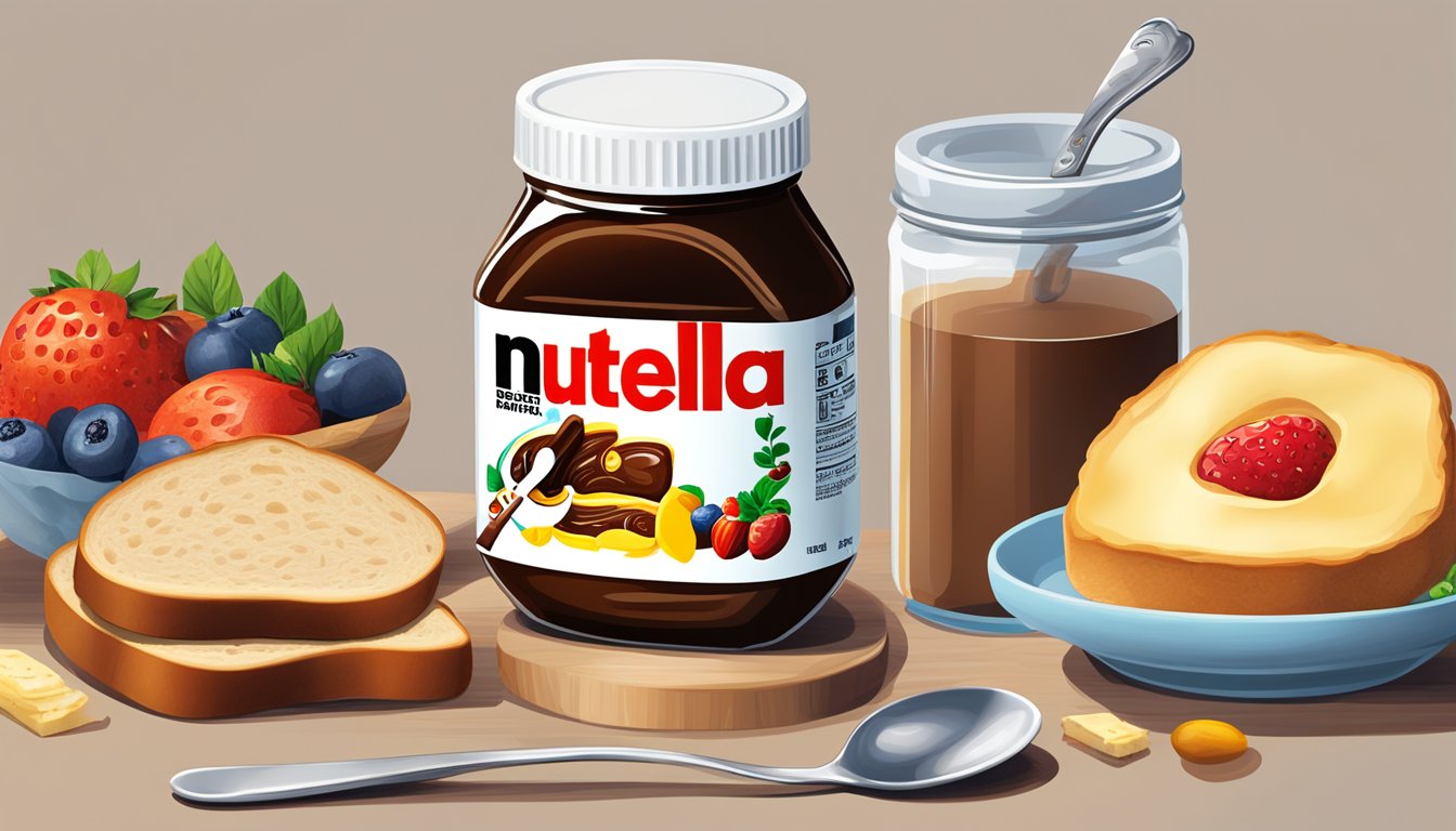 A jar of Nutella with a spoon next to it, surrounded by various breakfast items like bread, fruit, and a glass of milk