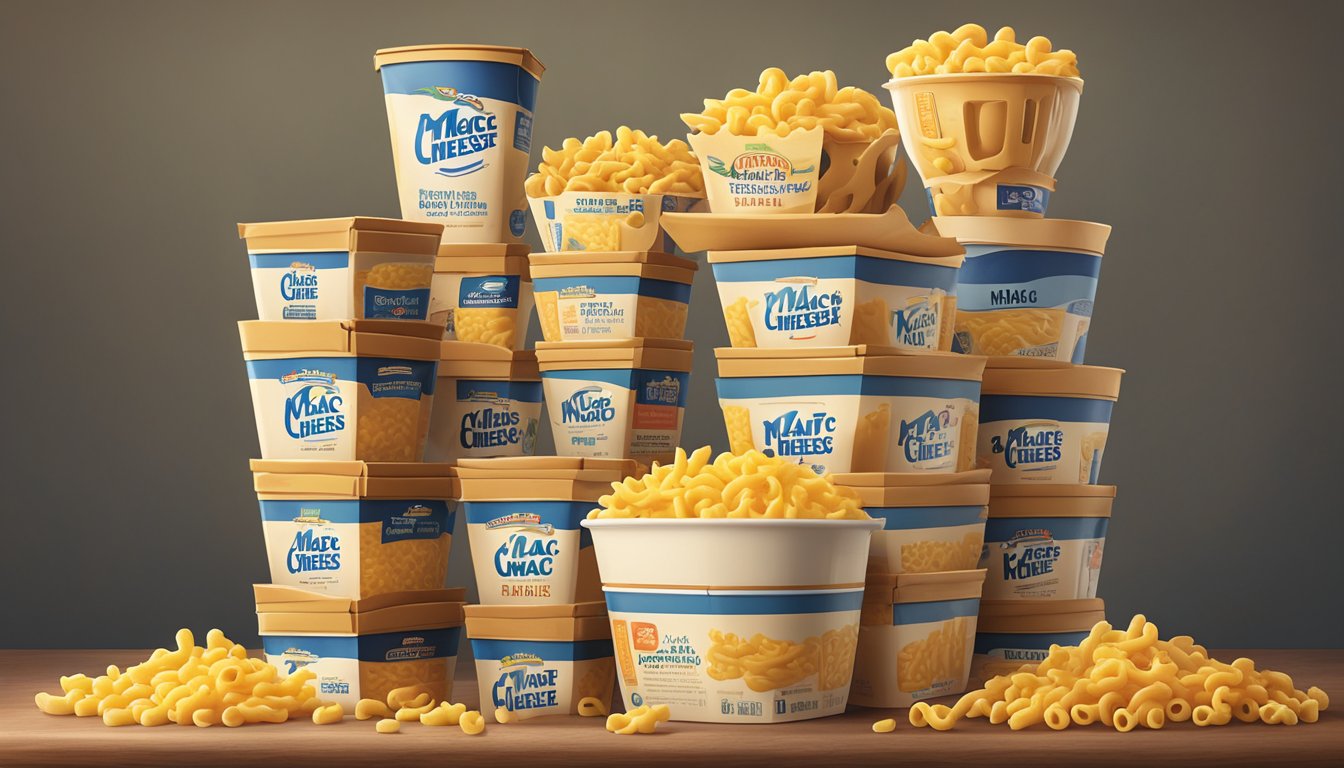 A towering stack of Kraft Mac and Cheese boxes, with a measuring cup pouring out excessive amounts. Nearby, a variety of other food options sit untouched