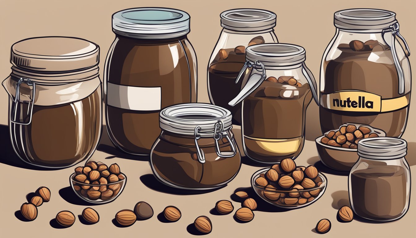 A jar of Nutella with a measuring spoon, surrounded by empty jars and a pile of hazelnuts