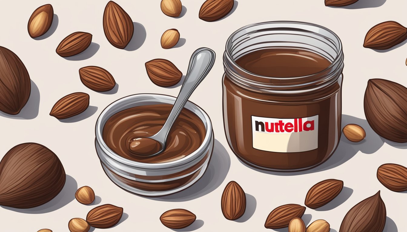 A jar of Nutella with a spoon next to it, surrounded by hazelnuts and cocoa beans