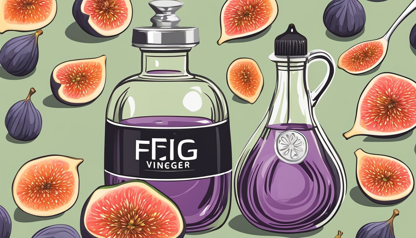 A bottle of fig vinegar surrounded by fresh figs and a measuring spoon