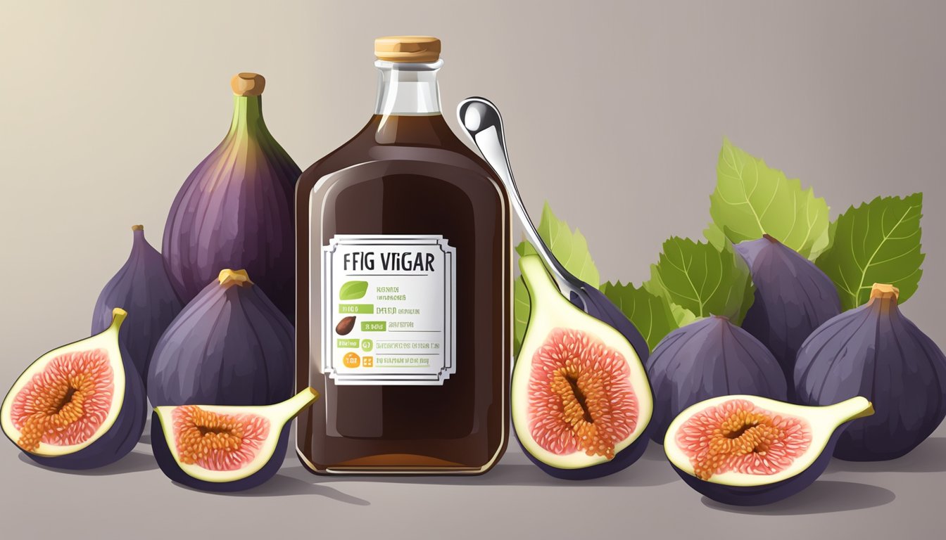 A bottle of fig vinegar surrounded by fresh figs and a measuring spoon, with a nutritional label in the background