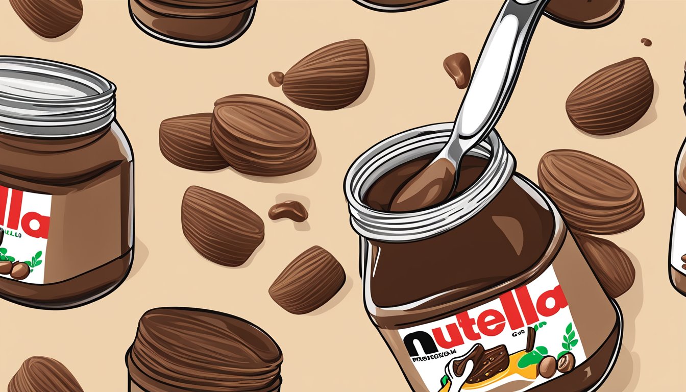 A jar of Nutella with a large spoon scooping out a thick layer