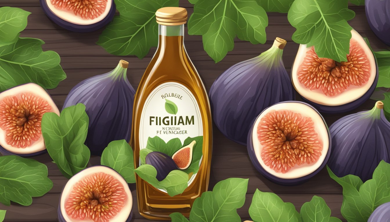 A bottle of fig vinegar surrounded by fresh figs and green leaves on a wooden table