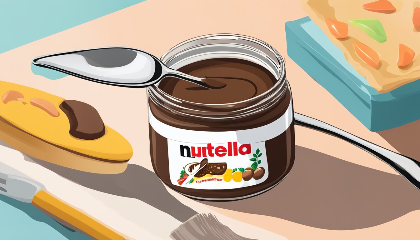 A jar of Nutella sits next to a measuring spoon. The spoon is overflowing with the spread, indicating overconsumption