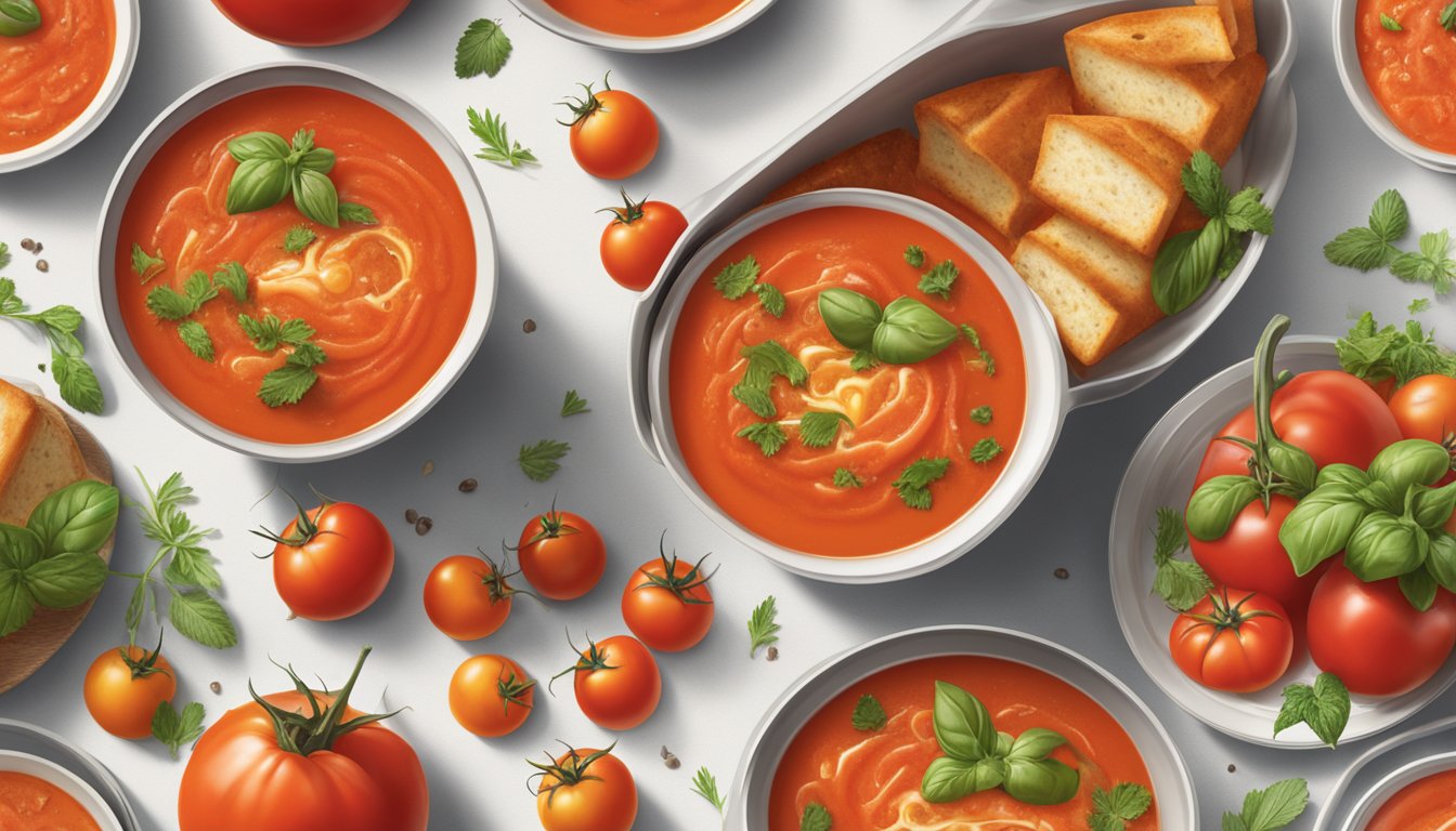 A steaming bowl of Campbell's tomato soup overflowing with chunks of tomatoes and herbs