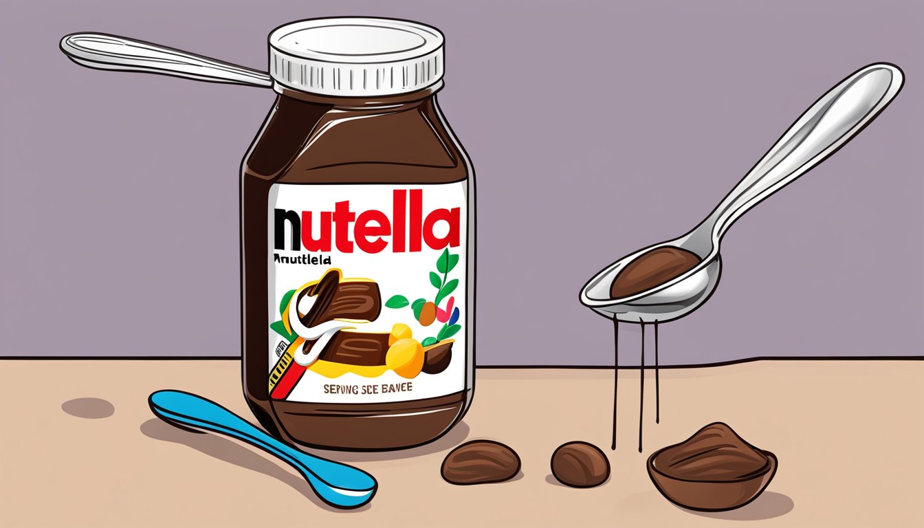 A jar of Nutella with a measuring spoon next to it, showing a recommended serving size and an excessive amount overflowing